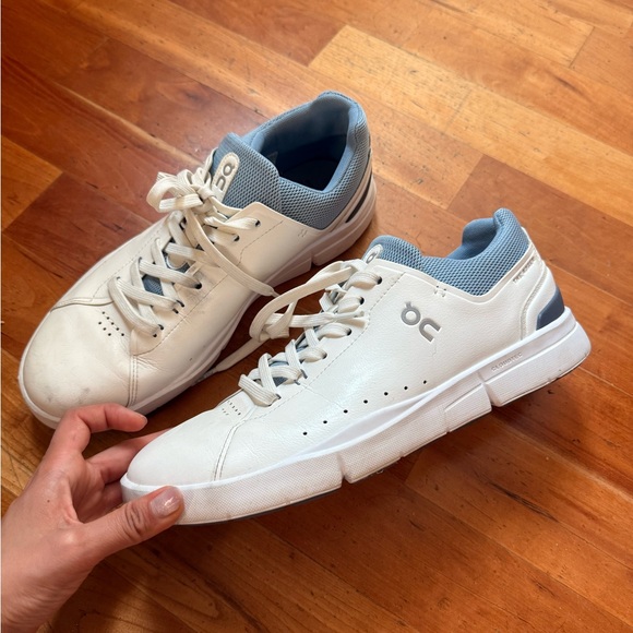 On Running White Sneakers with Blue Highlights - Picture 1 of 6